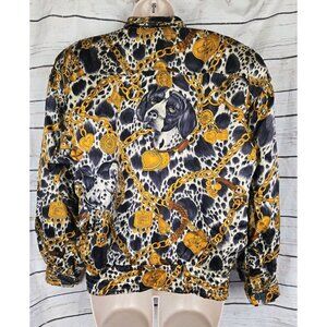 Vintage Escada 100% Silk Animal Dog Jewelry Print Bomber Jacket 34 90's